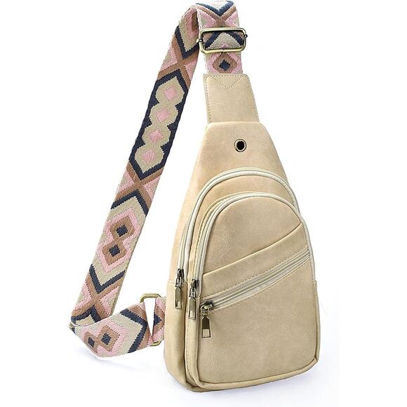 Huwzder Handbags - Huwzder Sling Bag Women PU Leather Med Crossbody Sling Backpack Chest Bag Beige